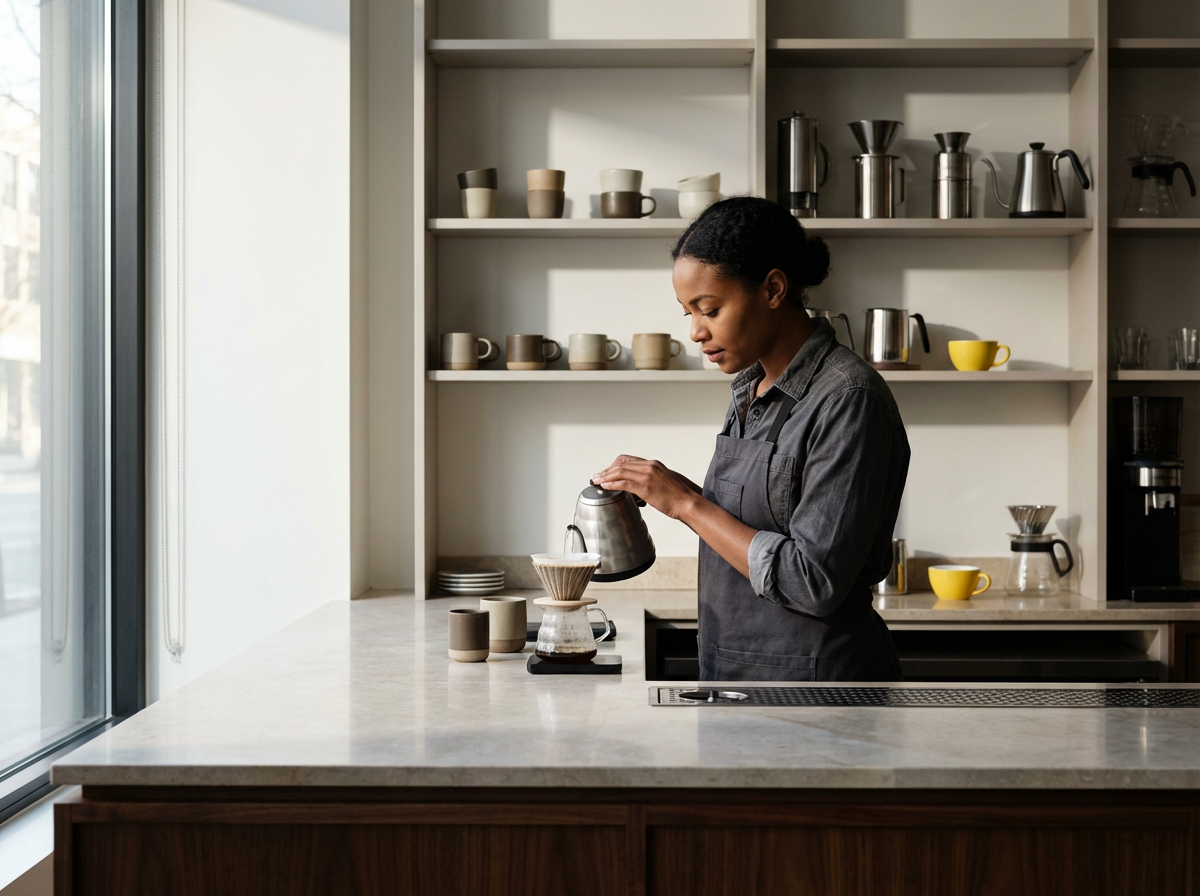 A woman preparing coffee in a modern kitchen, pouring hot water over coffee grounds into a dripper placed on a glass carafe, with coffee cups and kitchenware on open shelves behind her.