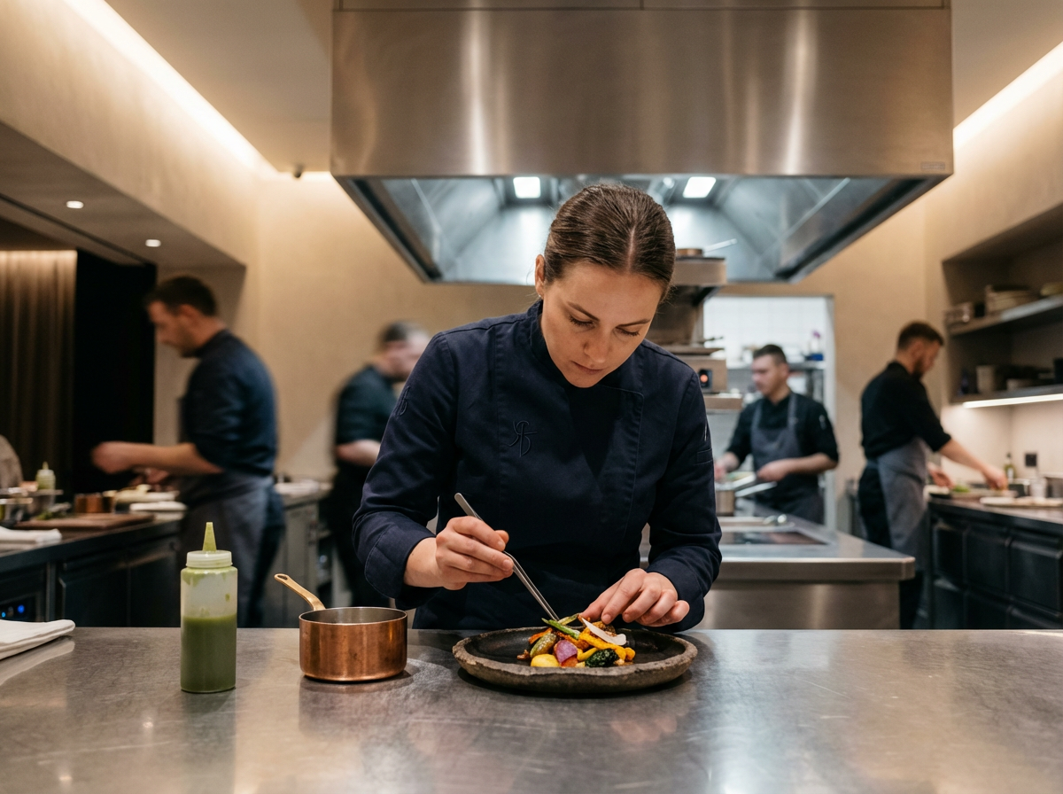 A female chef carefully arranges food on a black plate in a professional kitchen, with other chefs working in the background.