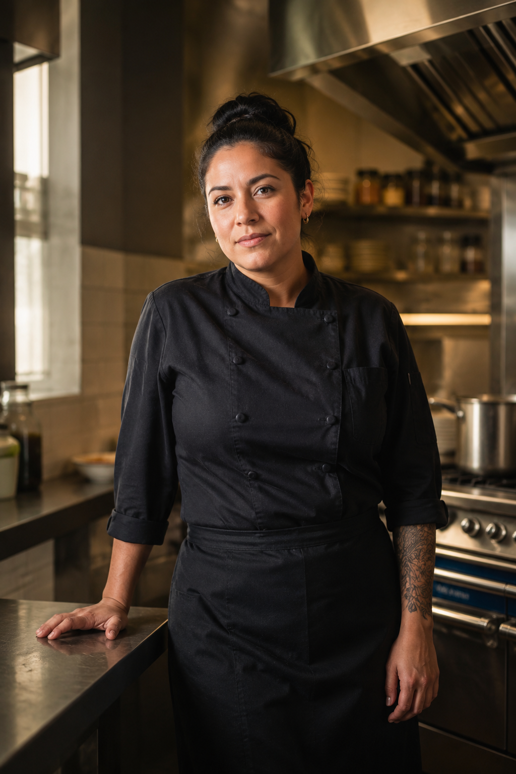 A female chef in a black chef's coat standing in a professional kitchen with stainless steel appliances and shelves.