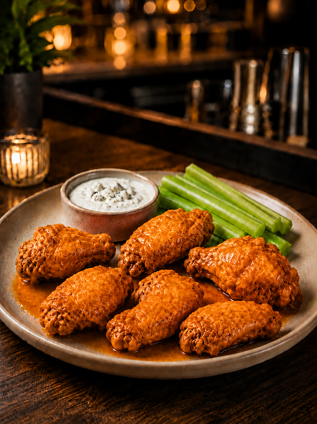 Plate of buffalo chicken wings with celery sticks and blue cheese dressing on a wooden table, dim ambient lighting