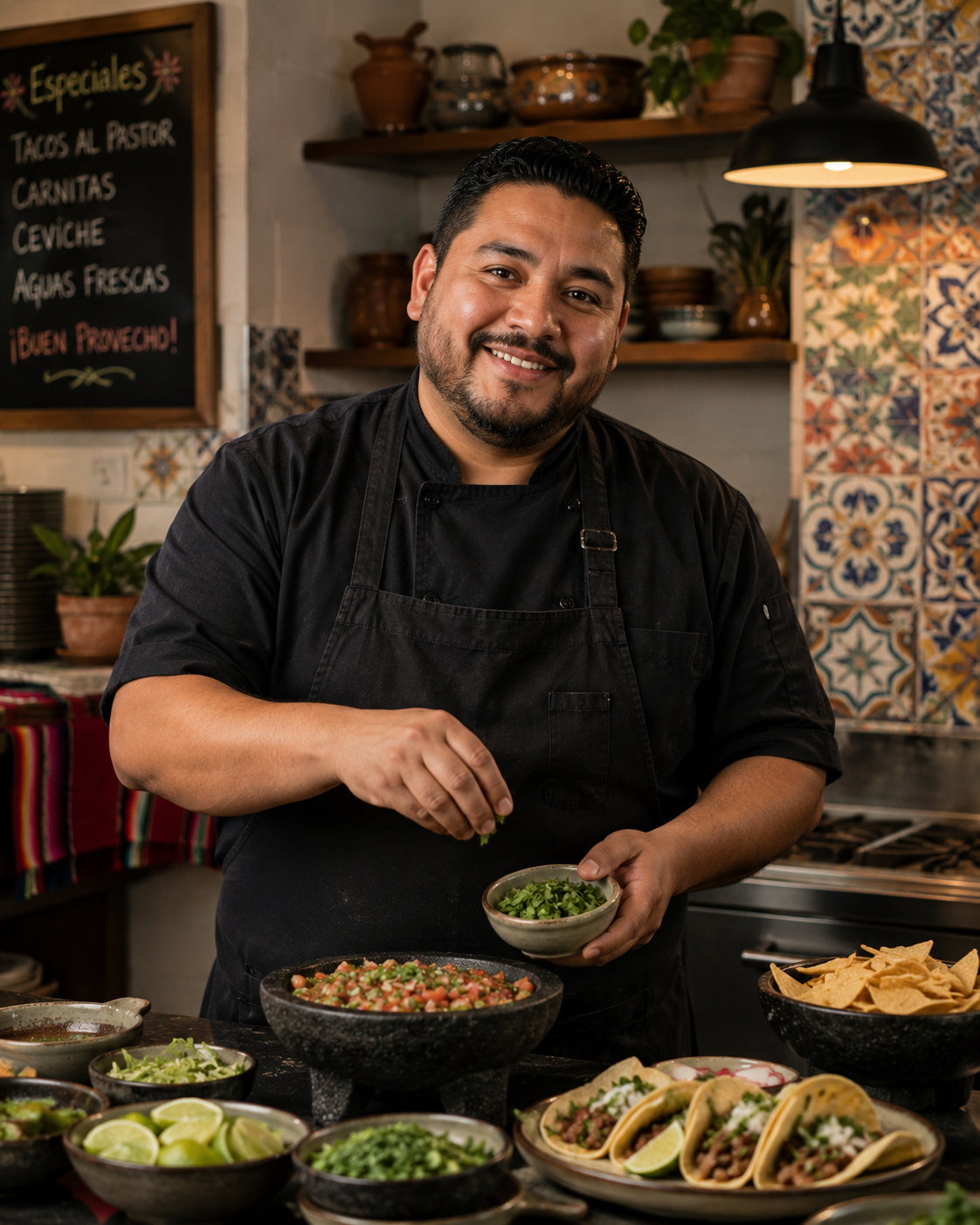 A smiling chef in black uniform garnishes a bowl of chopped cilantro in a kitchen filled with Mexican dishes like tacos, chips, and salsa.