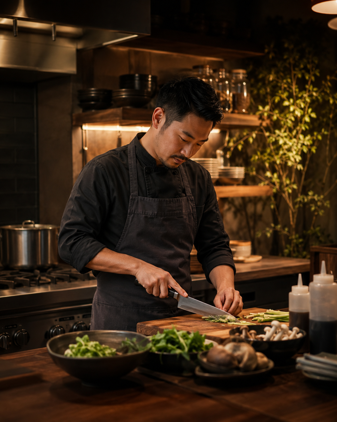 A male chef chopping vegetables in a kitchen with warm lighting and a rustic decor.