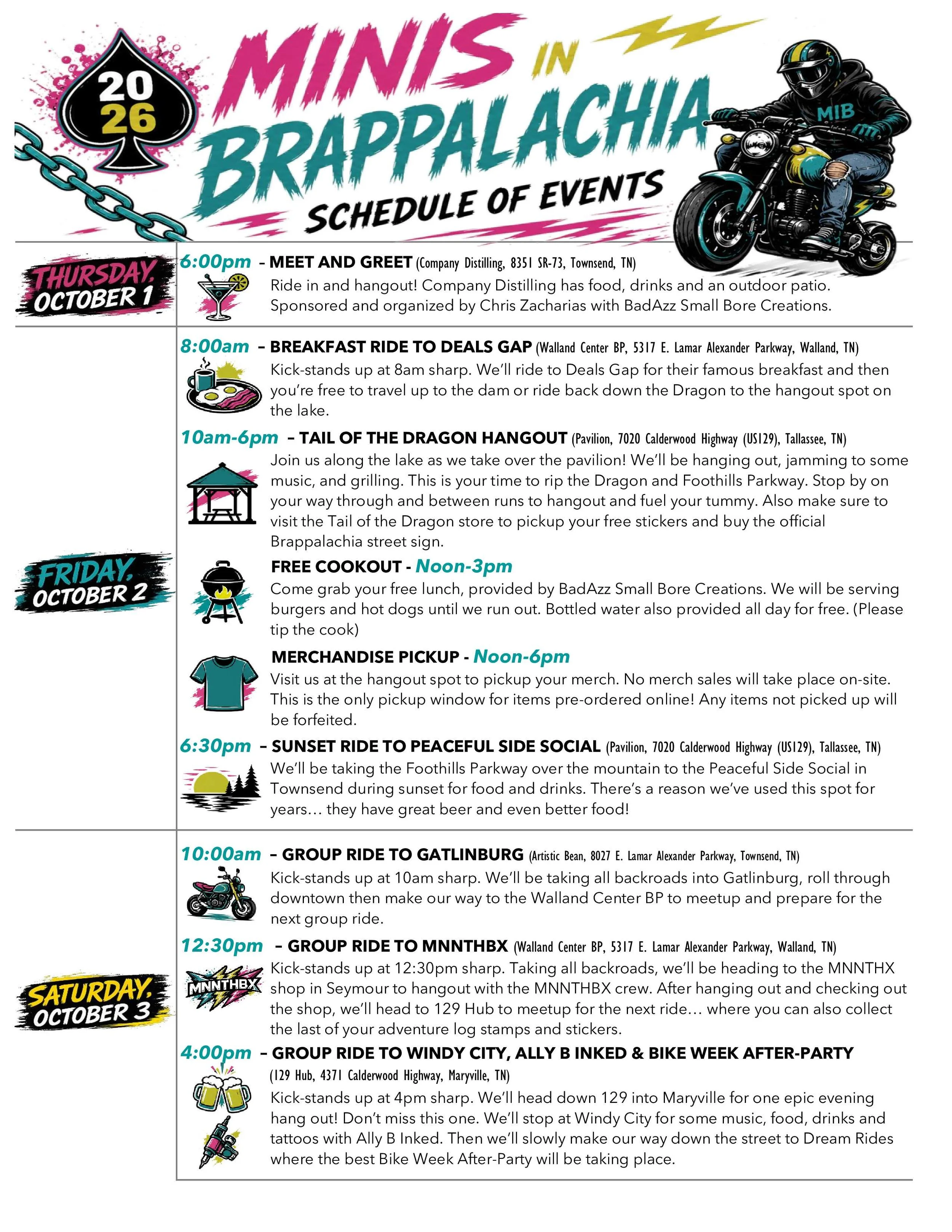 Schedule of events for Brappalachia 2026, including motorcycle rides, meet and greet, breakfast, hangouts, merchandise pickup, and social gatherings, with colorful icons and a motorcycle illustration.