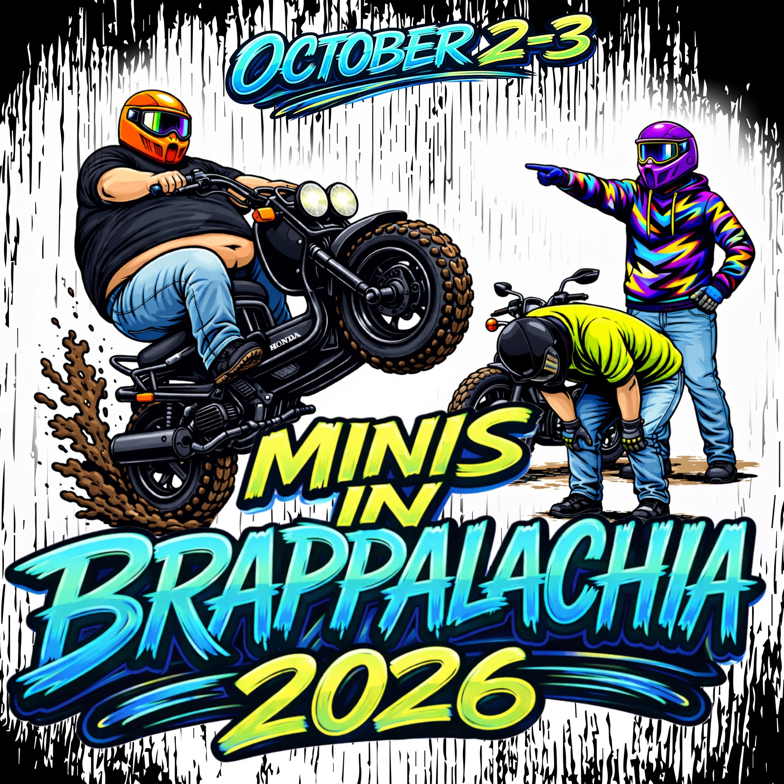 Colorful poster celebrating October 2-3 and the Minions movie release in 2023, featuring characters in helmets and colorful clothing, with a black and white background and dynamic text.