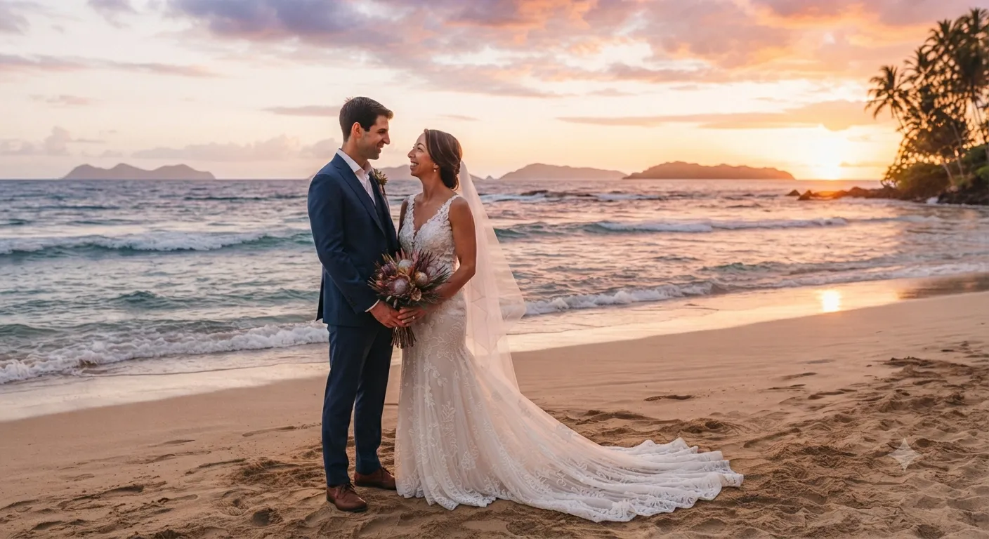 A newlywed couple in wedding attire stands on the beach at sunset, facing each other and smiling, with the ocean, islands, and a partly cloudy sky in the background.