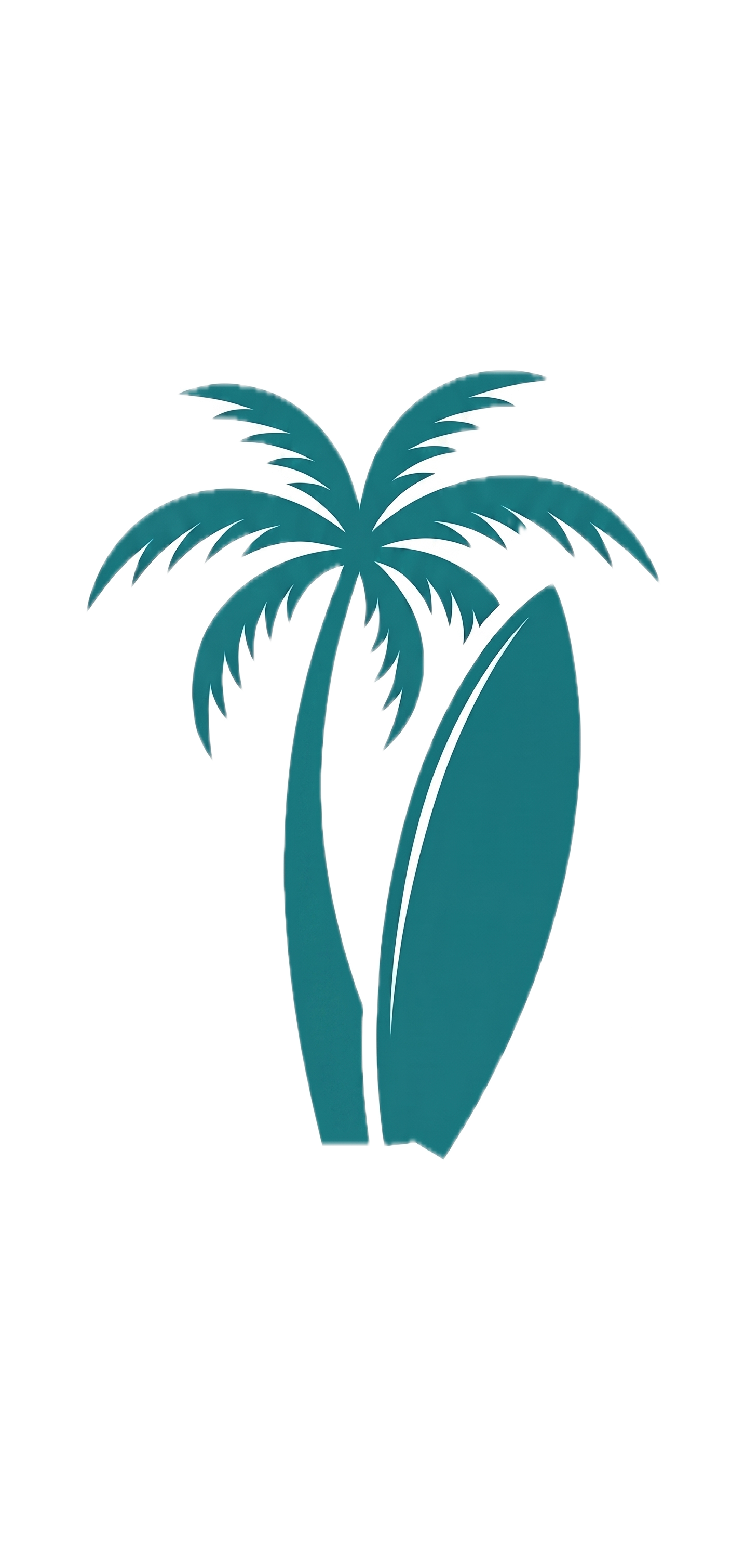 Graphic logo featuring a stylized palm tree with large leaves and trunk, incorporated into a surfboard shape.