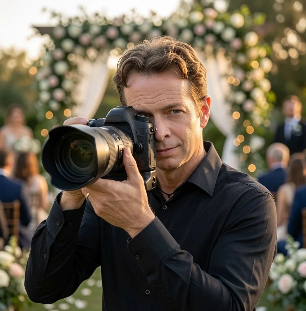 A man taking a photograph at an outdoor wedding, holding a professional camera to his eye, with a decorated arch and guests in the background.