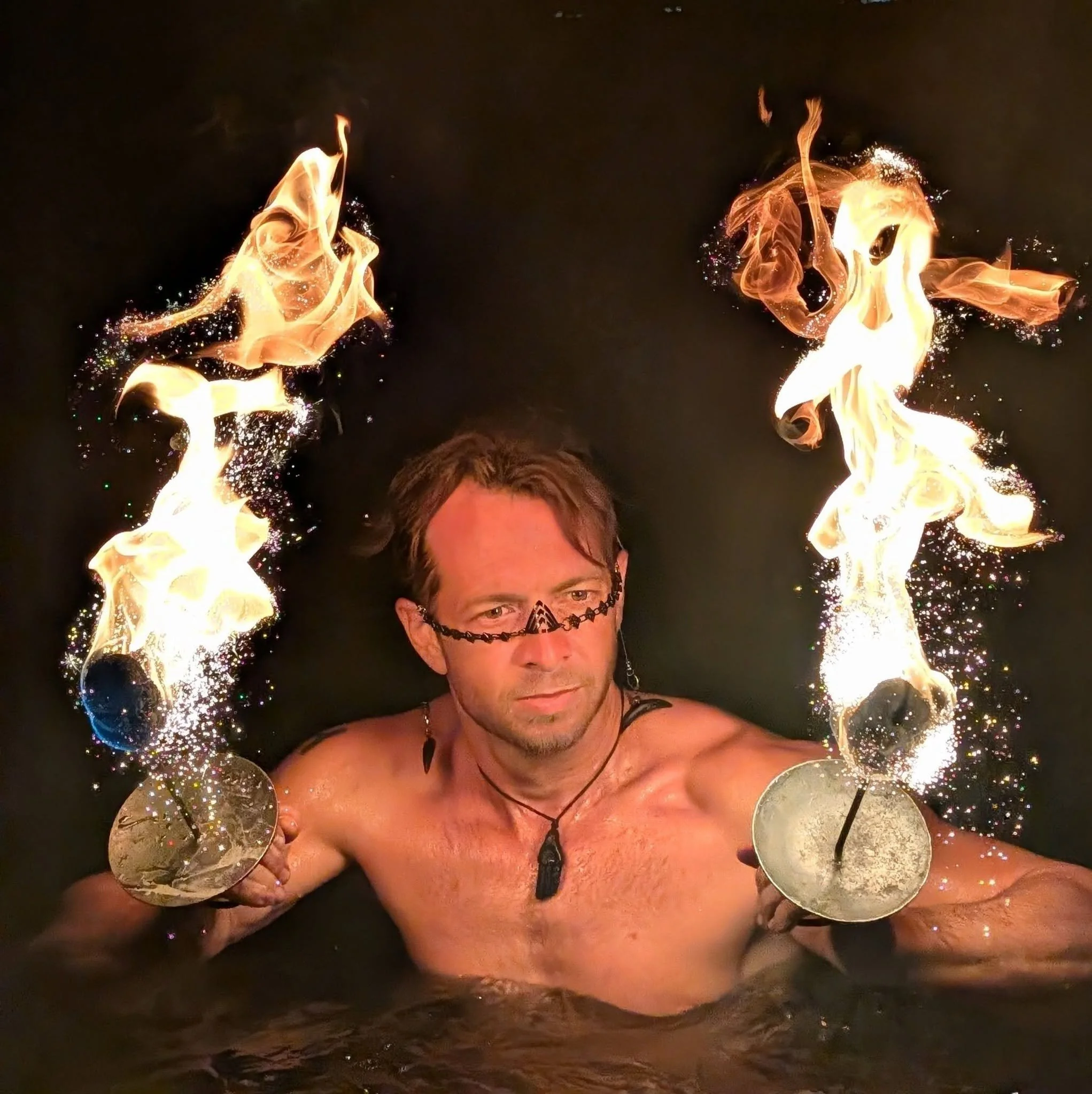A fire dancer sits in the ocean of Waikiki Beach, holding two palm torches lit in flames, flames dance experience, flickering in the night.