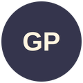A circular icon with a dark background and the letters 'GP' in light-colored text in the center