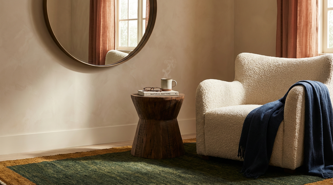 Cozy corner with a beige textured armchair, dark blue throw draped over it, small wooden side table with a coffee mug, books, and glasses, and a large round mirror on the wall reflecting a window with curtains.