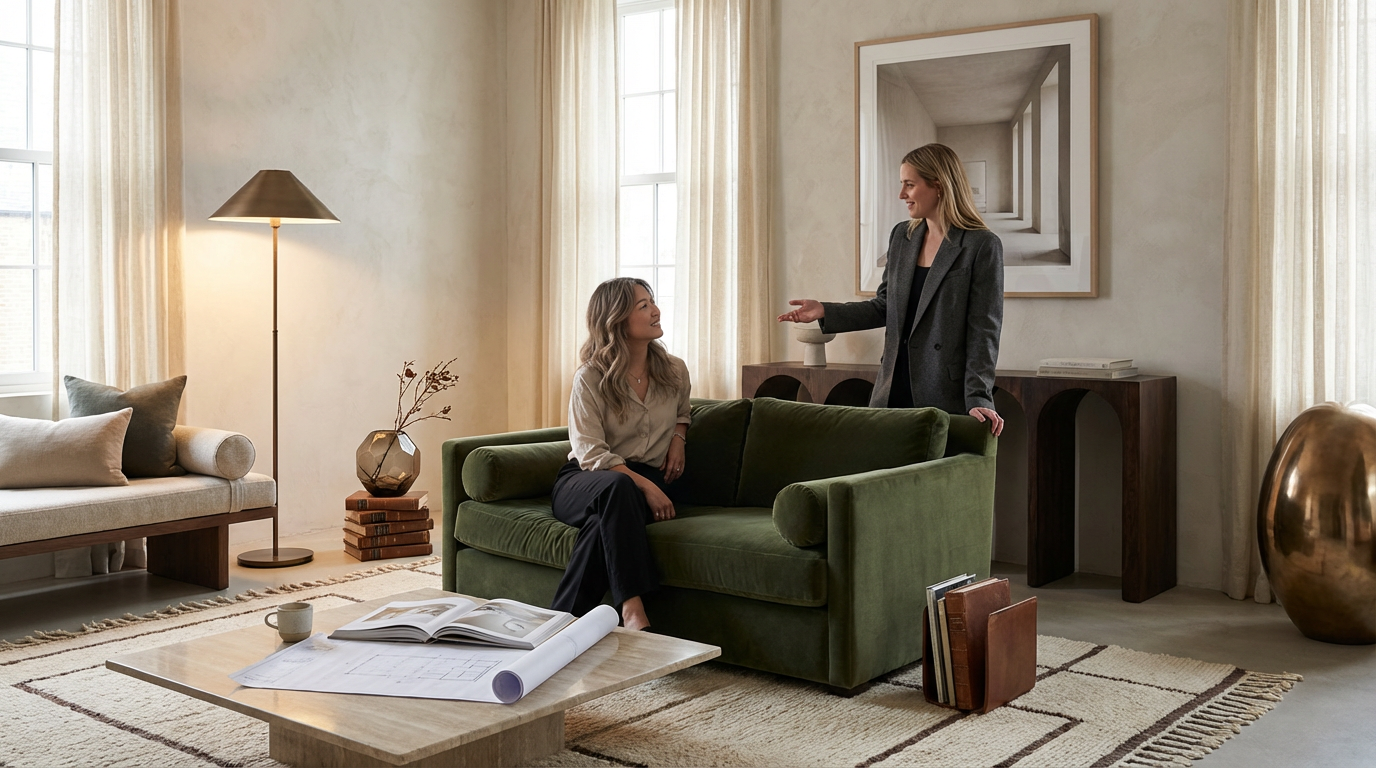 Two women having a conversation in a living room. One woman is sitting on a green velvet sofa, and the other woman is standing, gesturing with her hand.