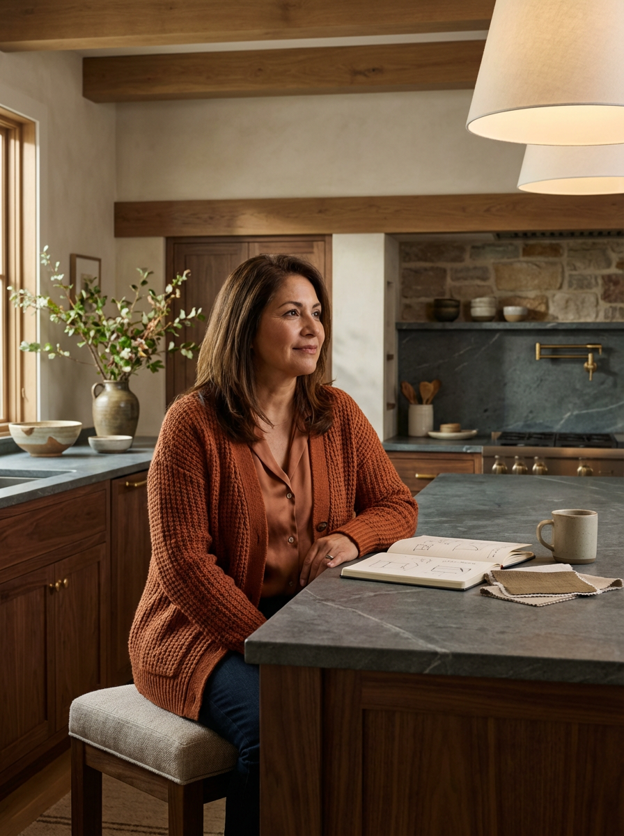 A woman sitting at a kitchen island, looking thoughtfully to the side. The kitchen has wooden cabinets, a stone backsplash, and decorative bowls on the counter. There are green leafy branches in a vase, and a book and coffee mug are on the island.