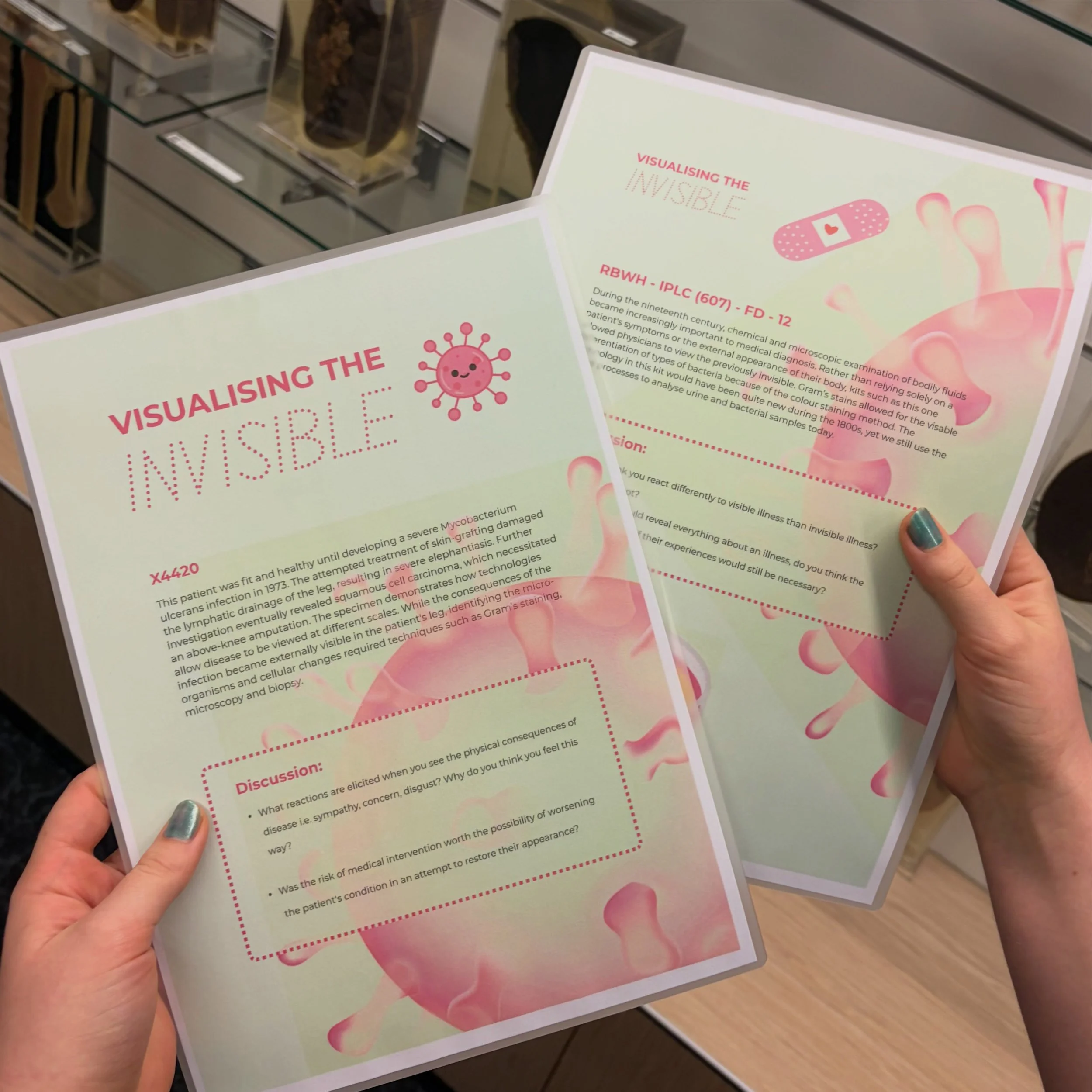 Worksheets for The Visible and Invisible: What Specimens Reveal to us and how we Perceive Them. 

This medical humanities event was held at the Integrated Pathology Learning Centre where Advanced Humanities students from UQ hosted work stations with 