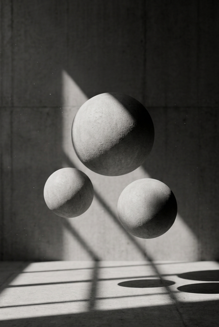 Three spherical objects casting shadows on a concrete wall and floor, with angled sunlight creating distinct shadows.