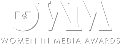 Logo for Women in Media Awards with large white text on a black background
