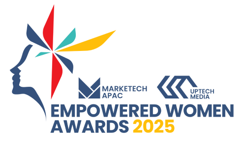 Logo for the 2025 Empowered Women Awards by Marketech APAC and Uptech Media, featuring a stylized woman's profile and colorful geometric shapes.