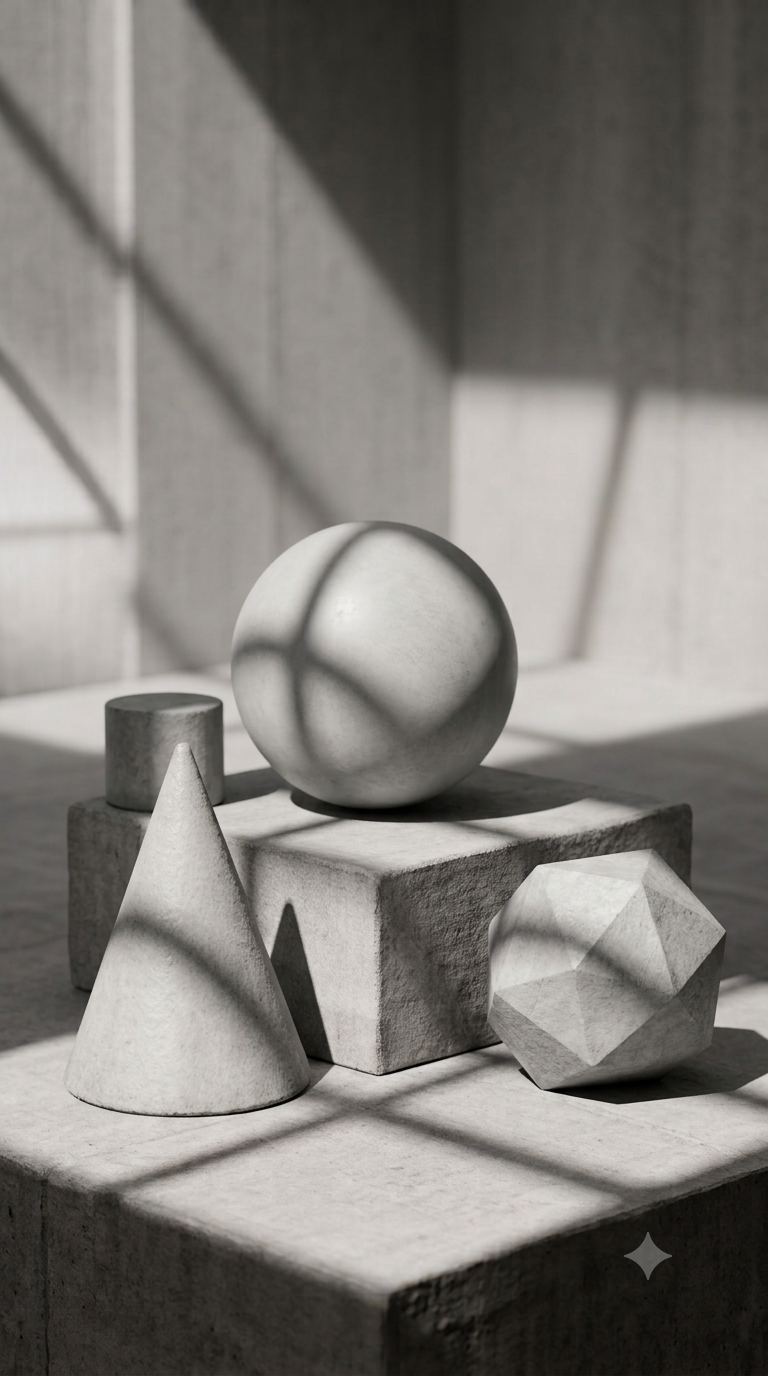 Various geometric shapes, including a sphere, cone, cylinder, cube, and dodecahedron, arranged on concrete blocks with shadows cast on the wall.