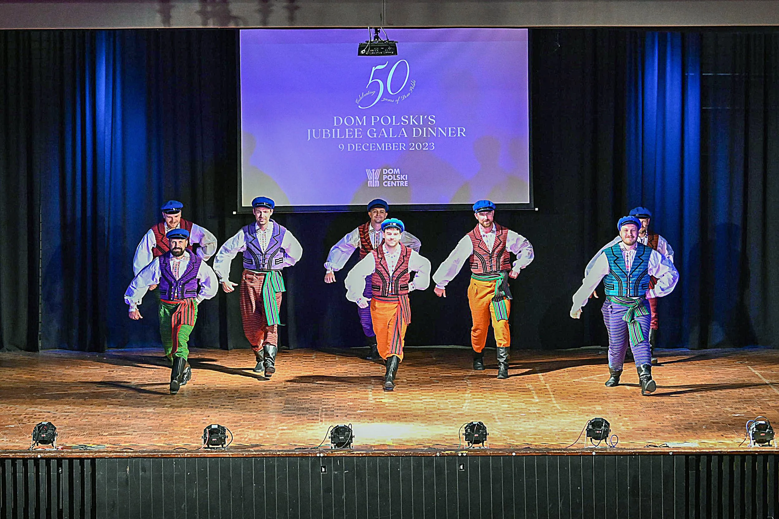 Polish folk dancers on stage at the Dom Polski 50th Jubilee Gala Dinner, December 2023.