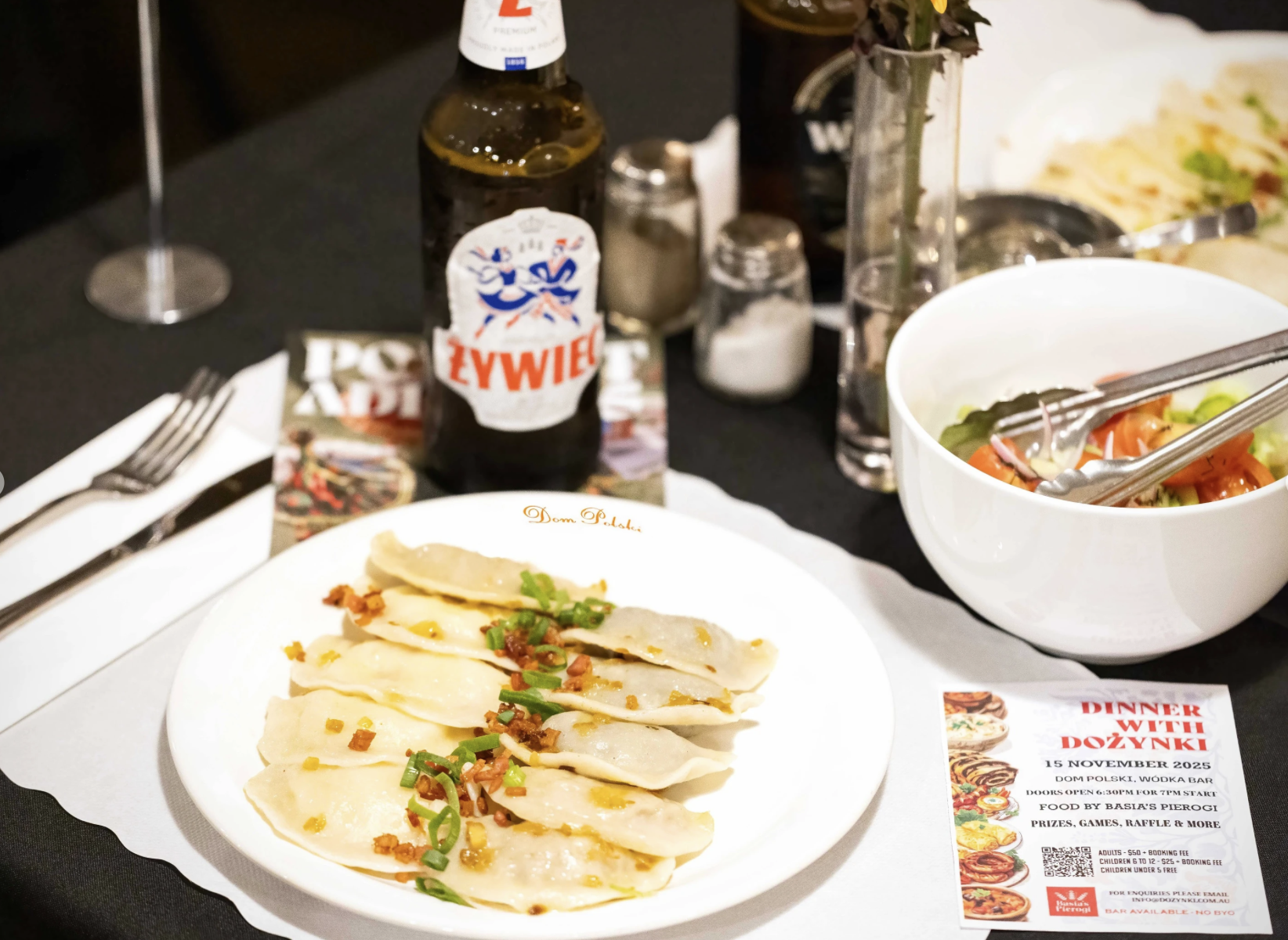 Pierogi with bacon and spring onions, salad and Polish beer served at Dom Polski Adelaide.