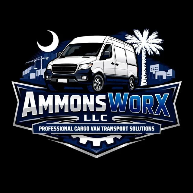 Logo for Ammons WOKX LLC featuring a white cargo van against a cityscape background with palm tree, crescent moon, and construction elements.