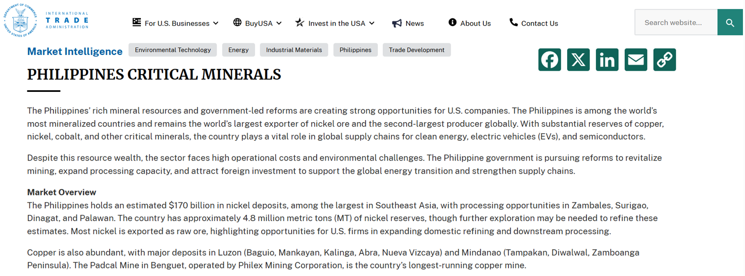 Screenshot of the Philippines Critical Minerals page from the U.S. International Trade Administration website, showing the title, a paragraph about mineral resources, and social media icons.