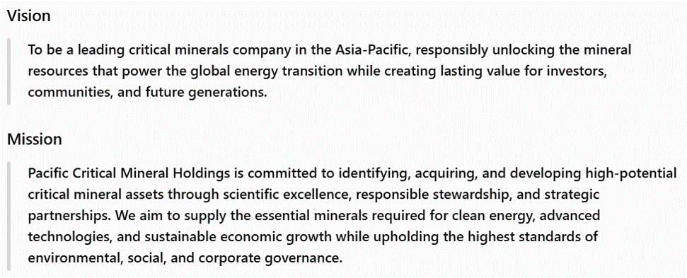 Text document displaying the company's vision and mission statements, focusing on responsible mineral resource unlocking and sustainable economic growth in the Asia-Pacific region.