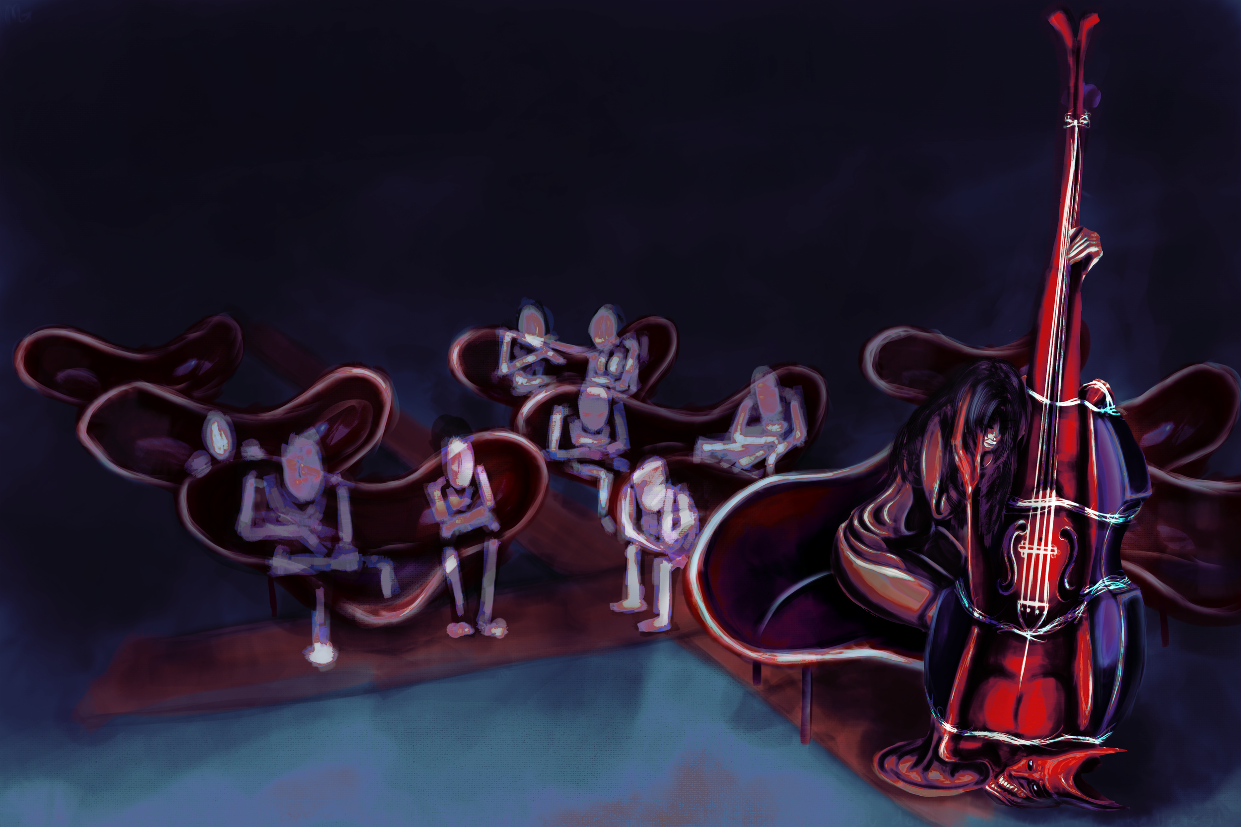 Digital artwork of a group of stylized musicians, including a guitarist, violinist, and drummer, depicted with neon-like outlines against a dark background.