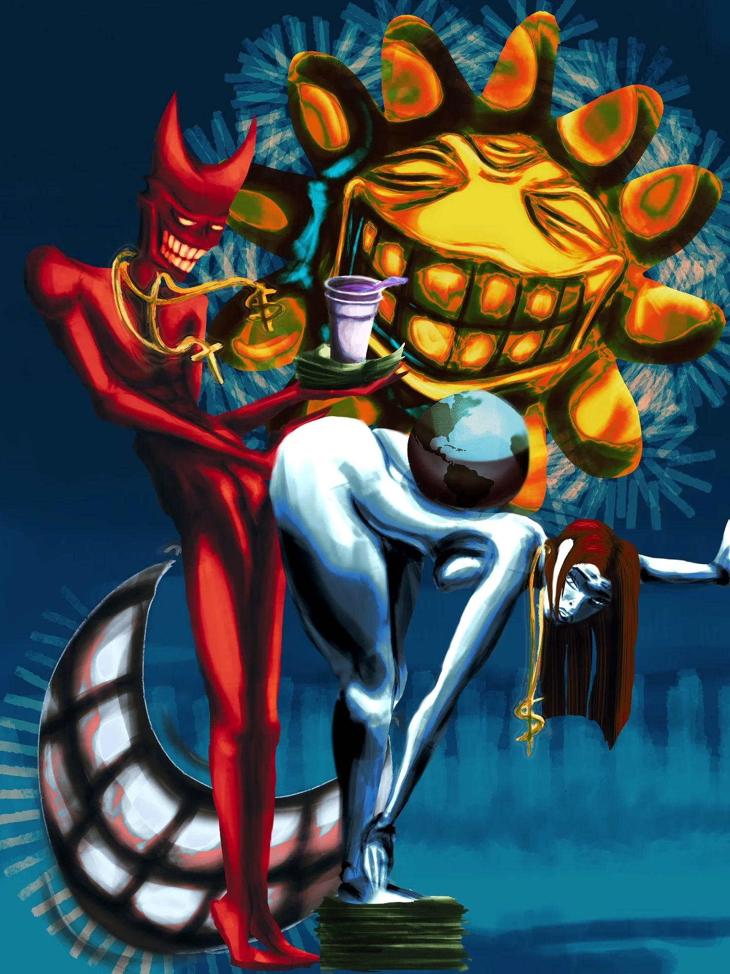 God body(day and night)

This piece ima give a lil more depth then usual 
We&rsquo;ve come full circle now

The earth on her back women holding up the world, a man only focused on obtaining not stability, the cup is spilling trying to balance the mon