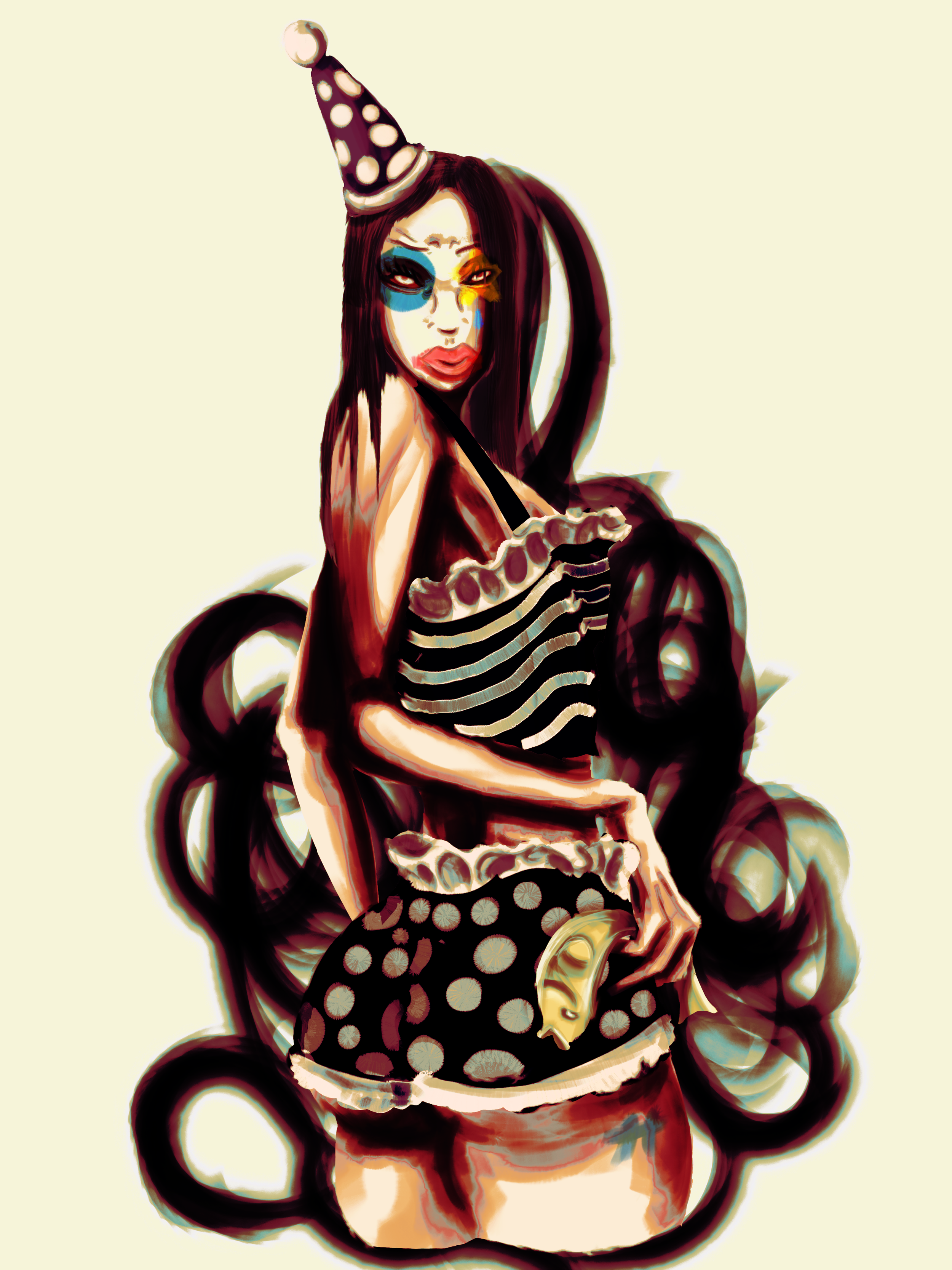 Digital artwork of a woman with long black hair, painted clown face makeup, wearing a polka dot dress and a polka dot birthday hat, surrounded by swirling dark shapes.