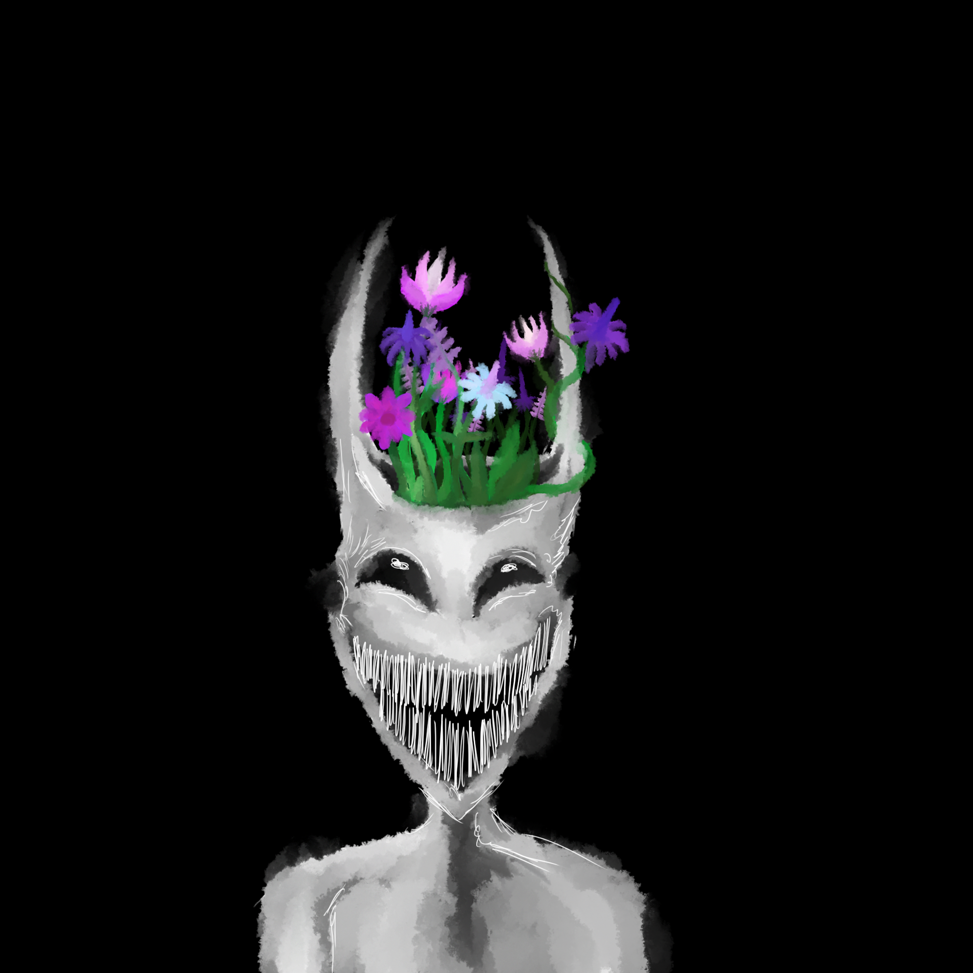 Skeleton skull with colorful flowers emerging from the top against a black background.
