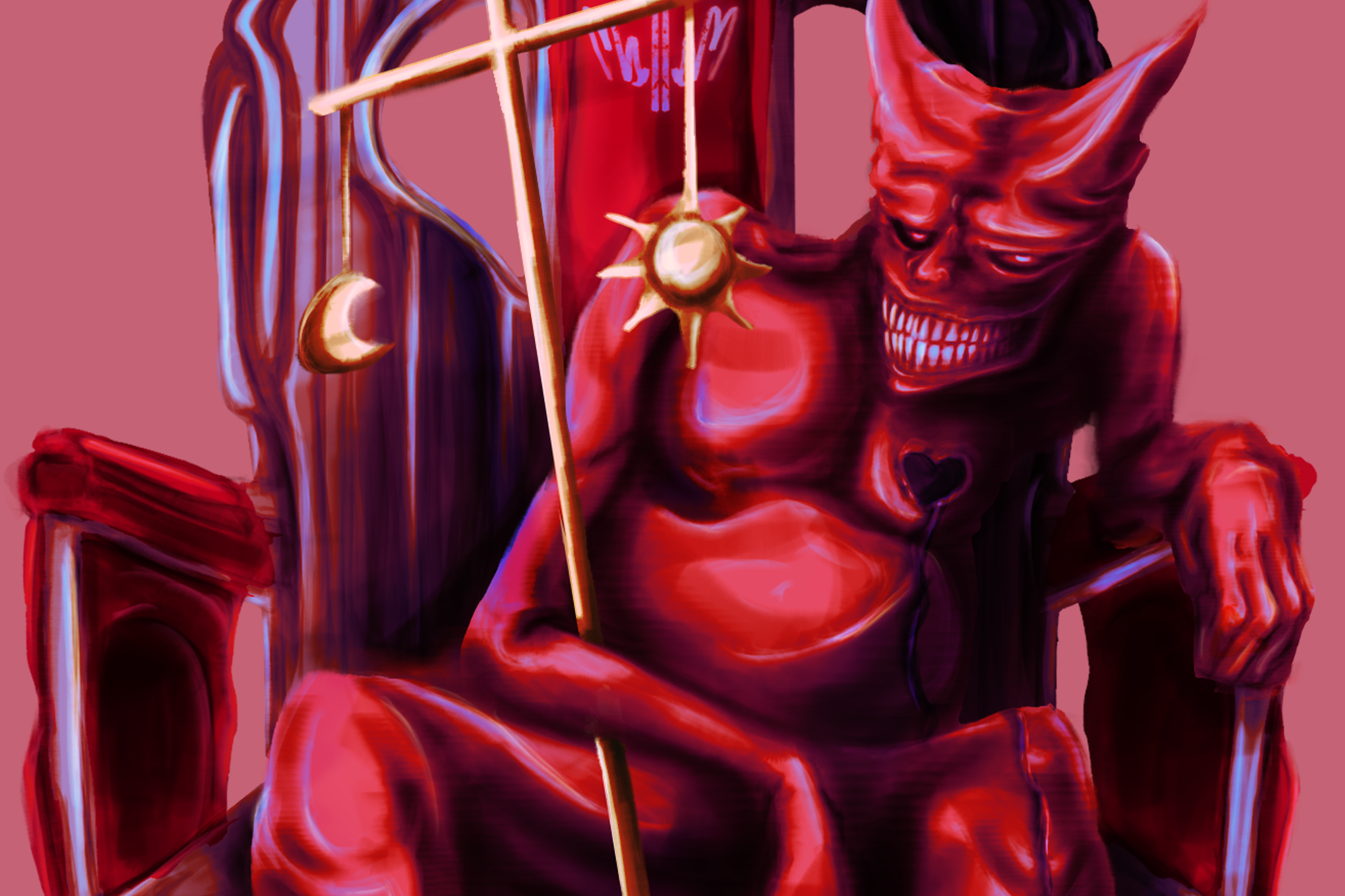A digital art depiction of a muscular, demonic figure with red skin, sharp teeth, and a mischievous expression, holding a staff with a spiked ball at the end, against a pink background.