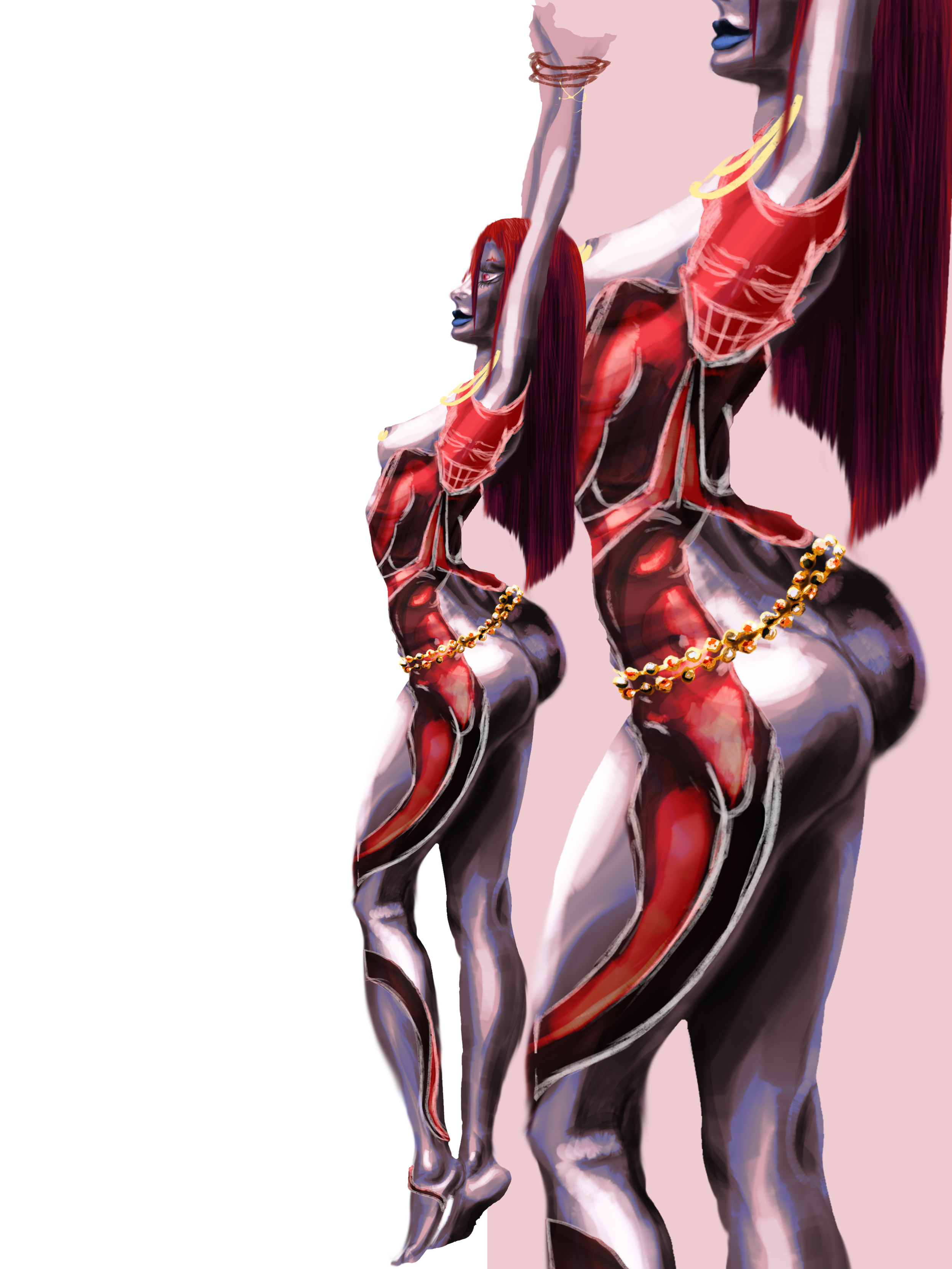 Abstract digital artwork of a female figure with long dark red hair, wearing a red top, jewelry, and knee-high boots, illustrating a stylized, distorted human form with artistic computer graphics effects.