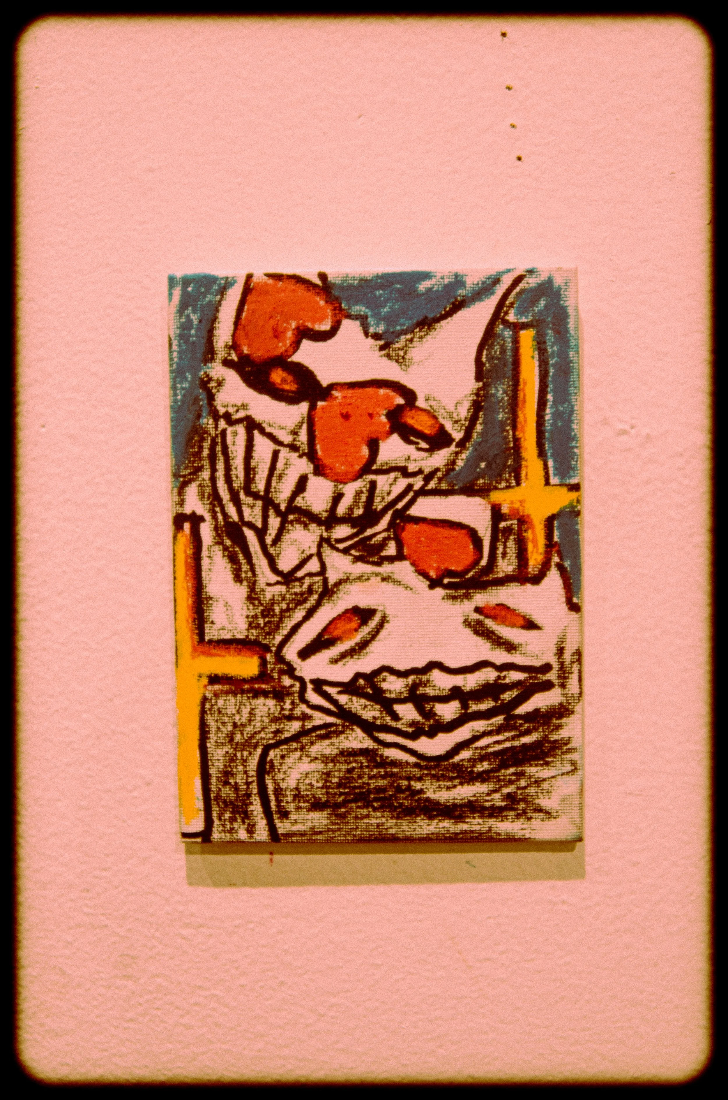 A small, colorful abstract painting of a bouquet of orange flowers in a striped vase, displayed on a pink wall.