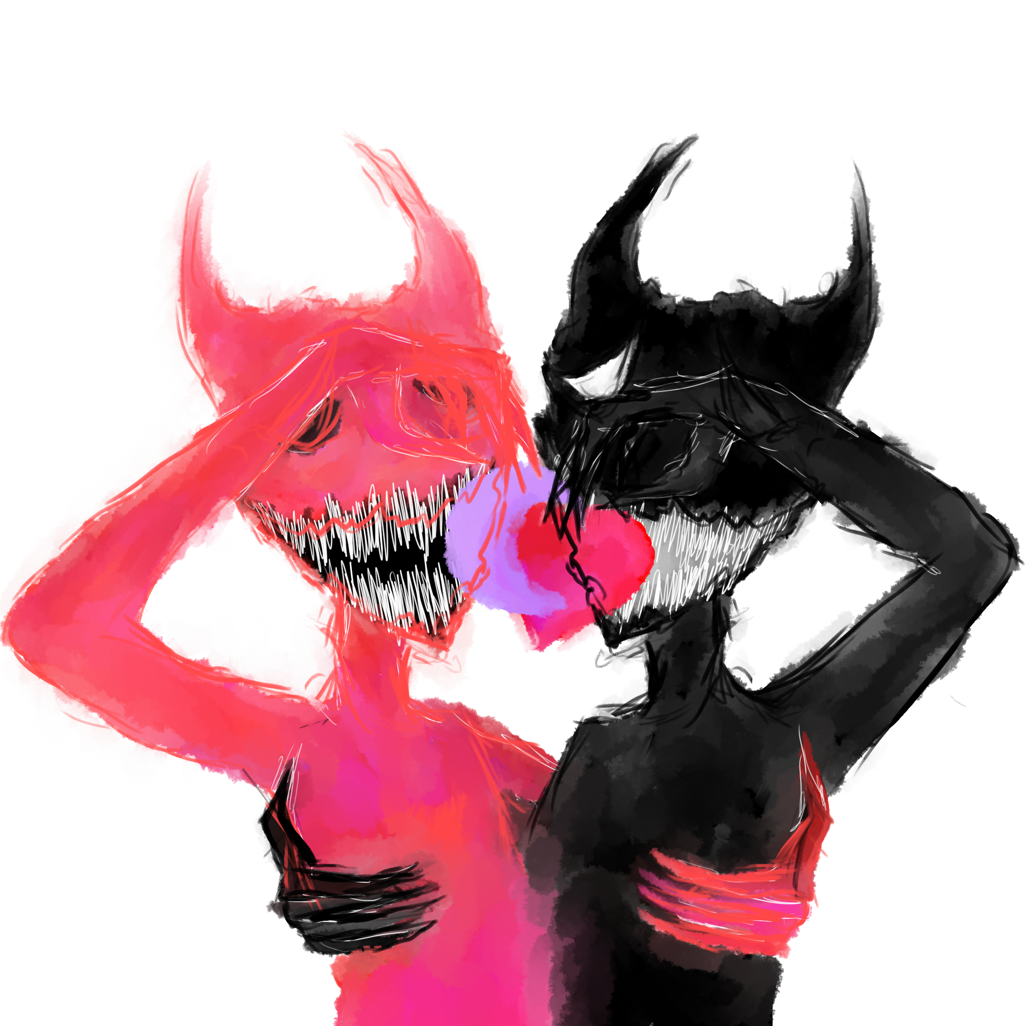 Abstract watercolor painting of two women in lingerie, one in red and the other in black, engaging in a suggestive pose.