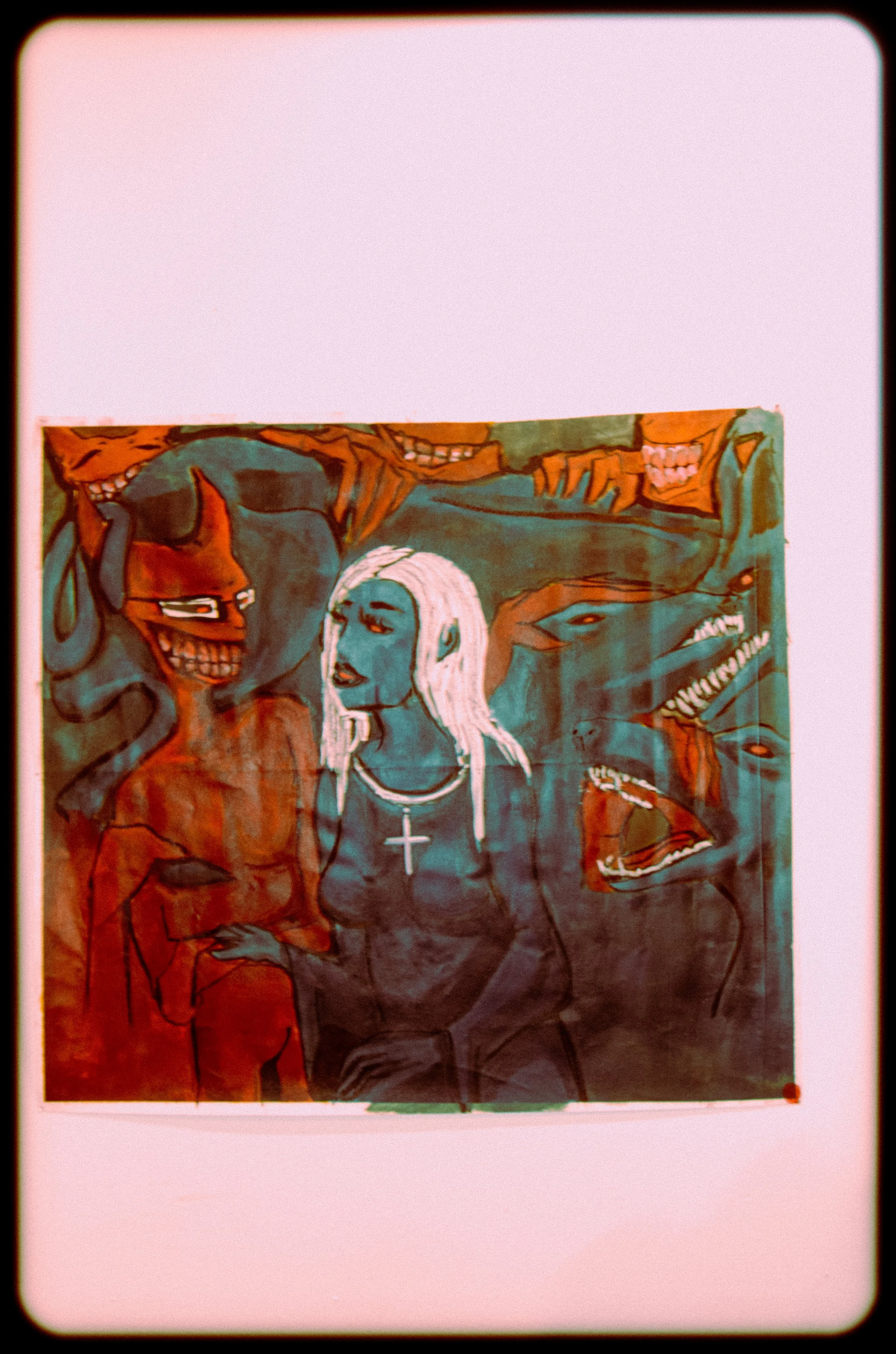 A colorful painting depicting a skeleton with a wide grin and a woman with long white hair, wearing a necklace with a cross, standing among other abstract skeleton figures.