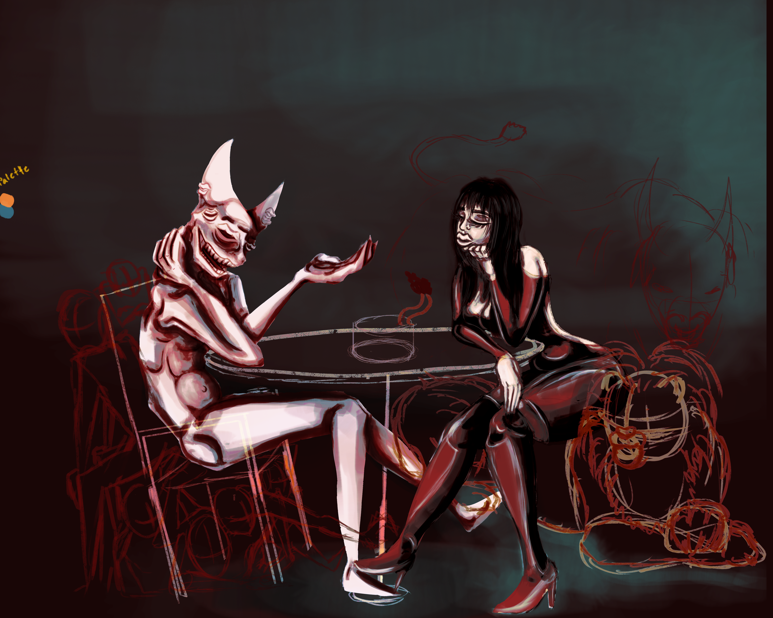 Digital artwork depicting a humanoid demon with large horns, a muscular torso, and an evil grin, sitting at a table with a human girl having long black hair, a somber expression, and wearing a red dress, against a dark background with faint sketches 