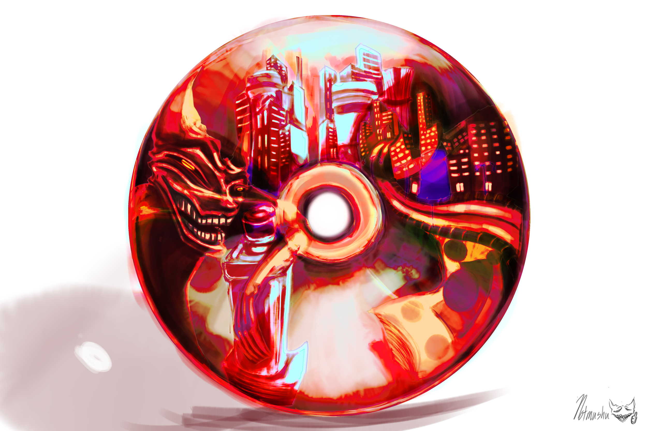 A digitally stylized image of a person with long hair, sitting and holding a device, with an urban cityscape reflected on a spherical glass object, primarily in red and orange tones.