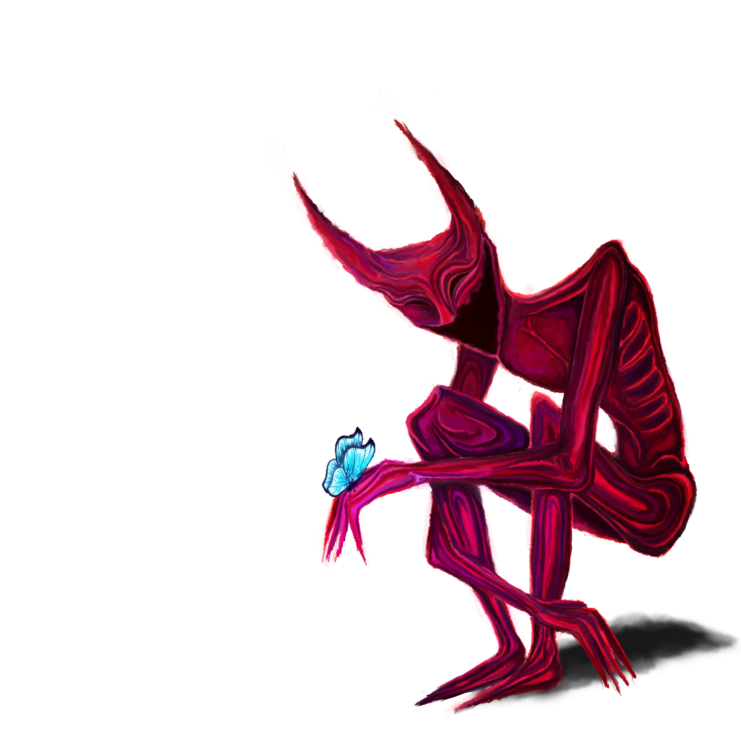 A stylized, abstract illustration of a woman with long red hair, sitting cross-legged, holding a blue butterfly, with a white background and black shadow.