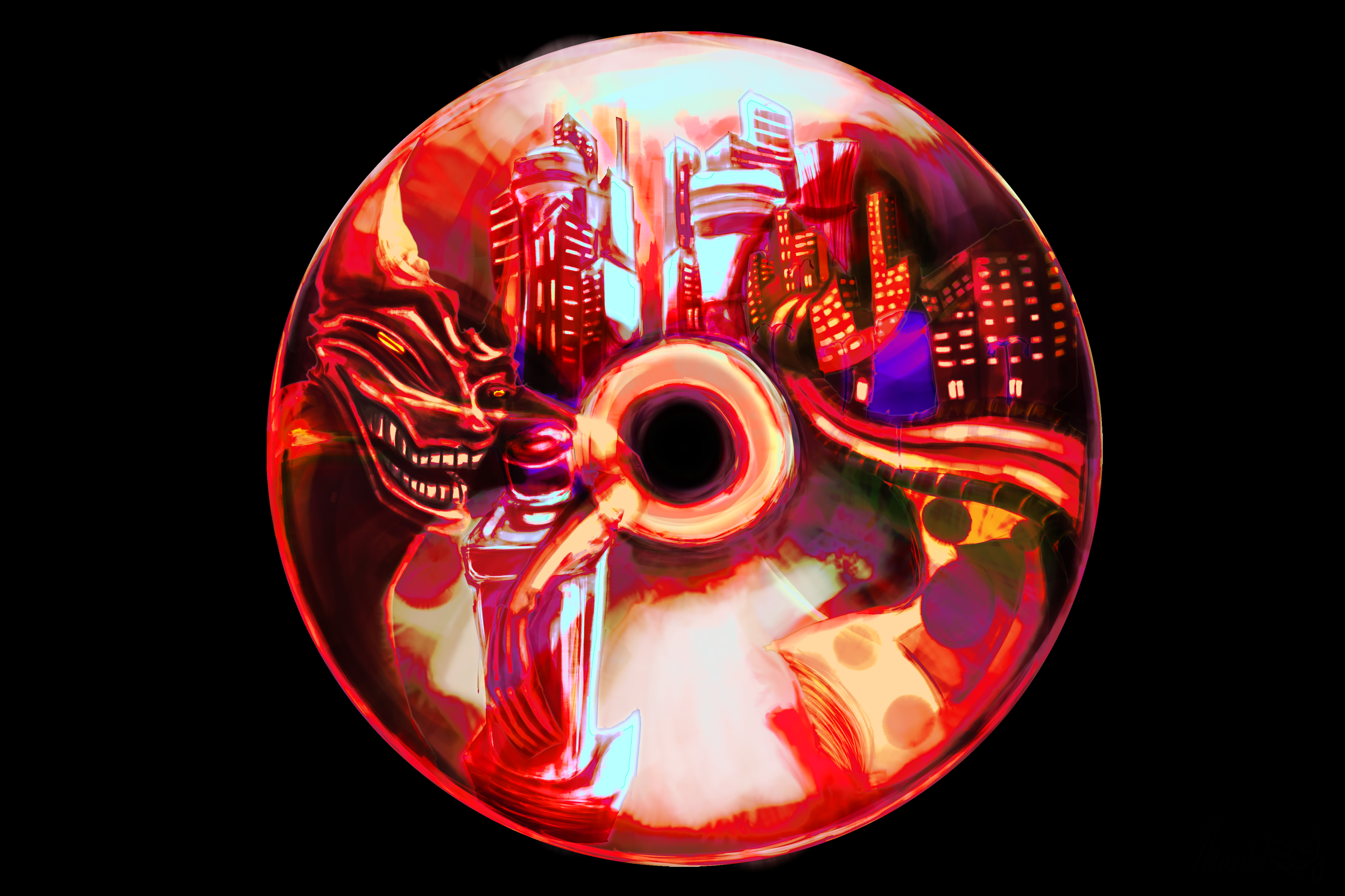 A neon-colored stylized illustration of a cityscape with tall buildings reflected in a shiny, rounded surface, resembling a futuristic or digital art style.