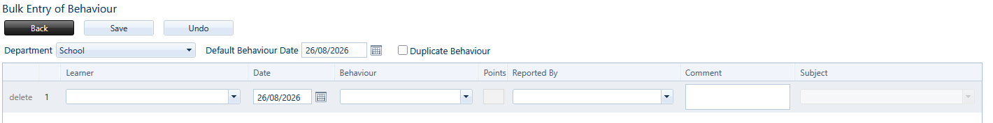 Screenshot of a school behavior records interface with options to select department, date, and behavior details, showing a bulk entry form.