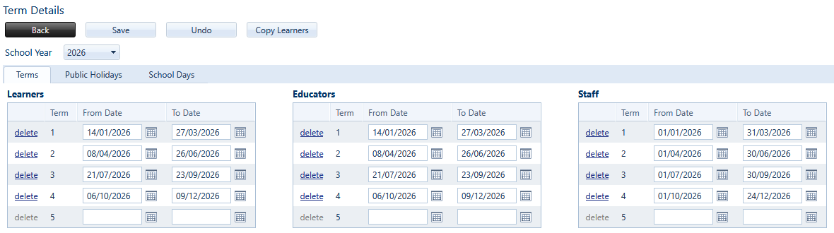Under 'School' in Saspac, set up the dates for each term, public holidays and school days