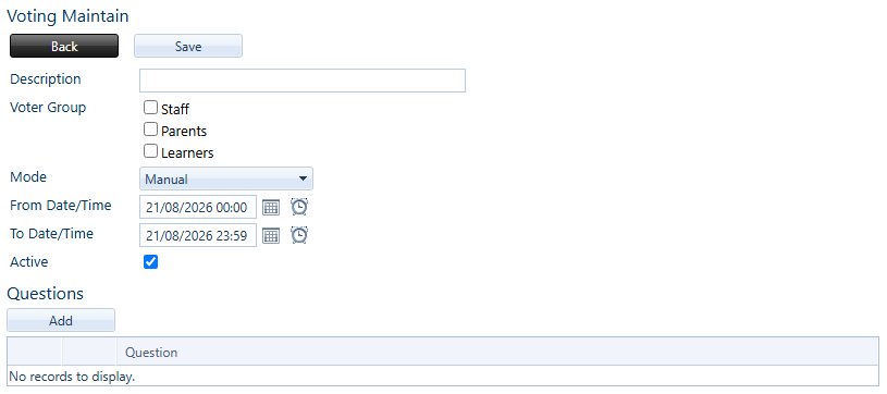 Voting in Saspac.net. Add who gets to vote, the timeframe of the vote and add questions