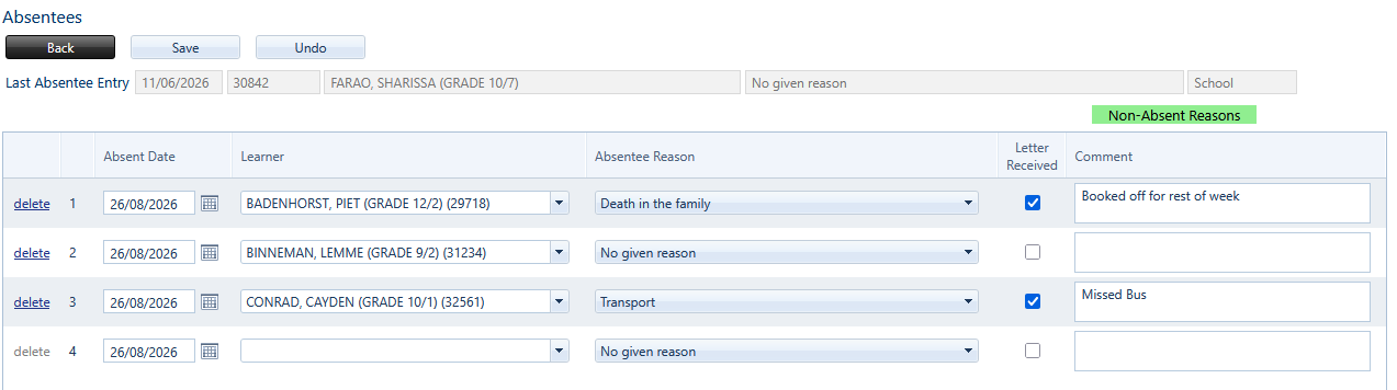 Screenshot of an attendance tracking system showing absences of students with details of absence date, learner name, reason, and comments.