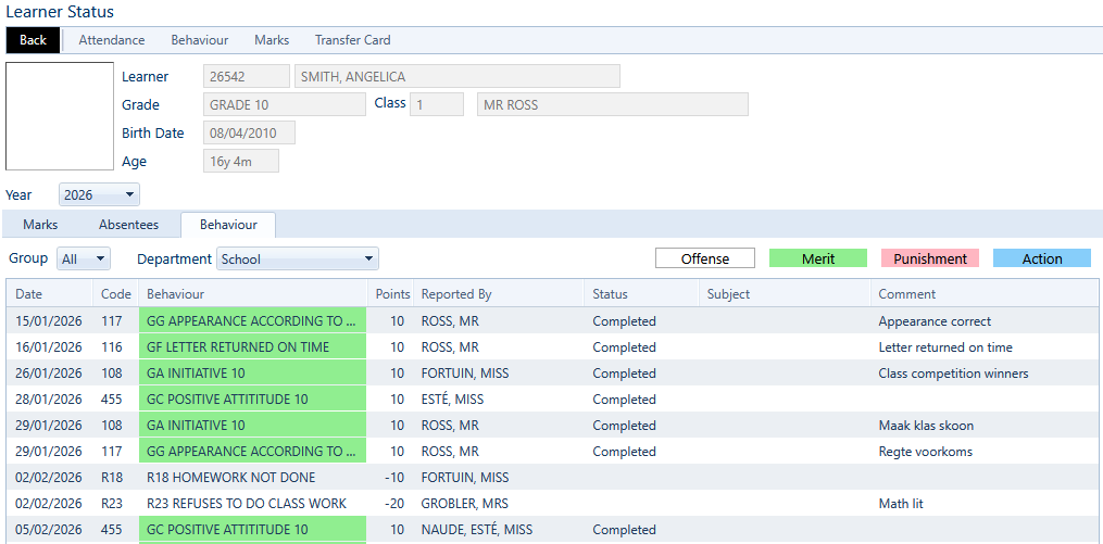 Learner Status in SASPAC allows you to view mark, absentee and behaviour records for learners for the current and past years