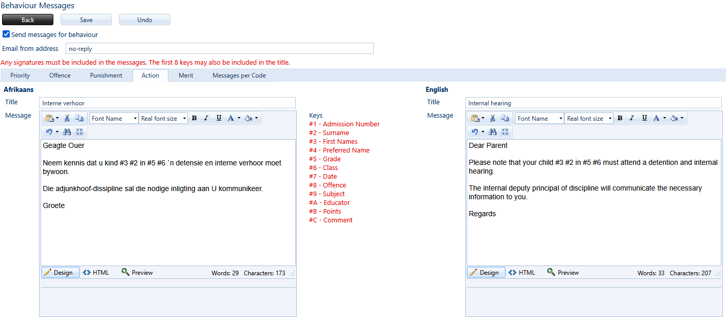 Screenshots of a digital interface for sending behavior messages in two languages, Afrikaans and English, with fields for message text, signing signatures, and message details.