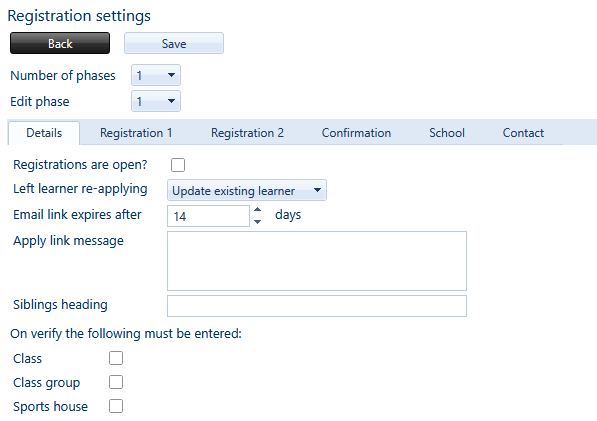 Registrations - settings