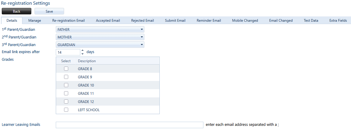 Re-registration settings in saspac.net. Create emails to be automatically sent during each step