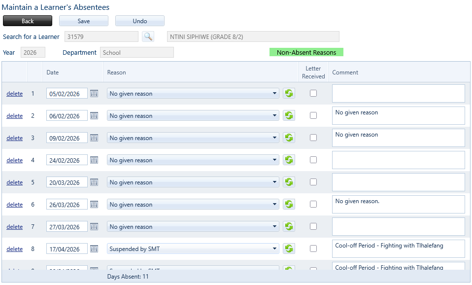 Screenshot of a student attendance management system showing a list of absences and reasons, including dates, reasons, and comments. The system tracks absences from February to April 2026, with some entries marked as suspended due to fighting.