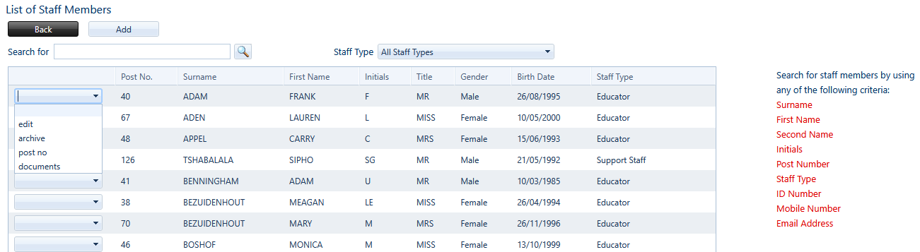 'List of staff' in Saspac allows you to manage staff profiles or add new staff members