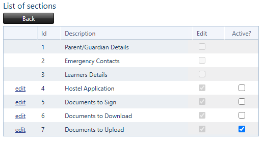 Re-registration sections. Choose what the parent needs to complete, sign or send you